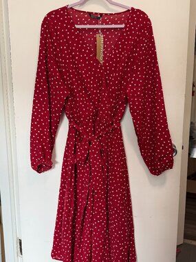 BloomChic Red Polka Dot Midi Dress Size 18-20 | Tie Waist | Long Sleeve | NWT
